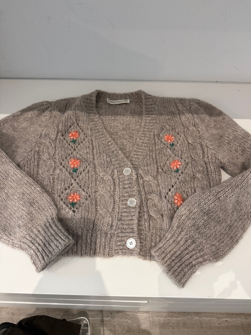 Alessandra Rich Taupe Cable-Knit Cropped Cardigan with Orange Flower Embroidery